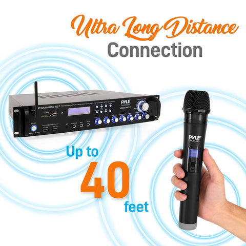 Bluetooth Multi Channel Hybrid Pre Amplifier System With 3000W Power showing receiver and wireless mic with 40 ft range.