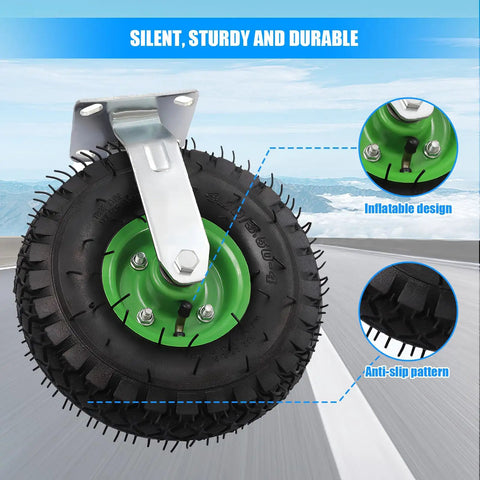10 Inch Heavy Duty Pneumatic Caster Wheels Set Of Four Rolls Smooth As Butter 660 LBS Per Wheel close-up of plate mount tire with anti-slip pattern