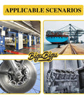 Collage showing industrial applications, maritime shipping, machinery, and automotive parts.
