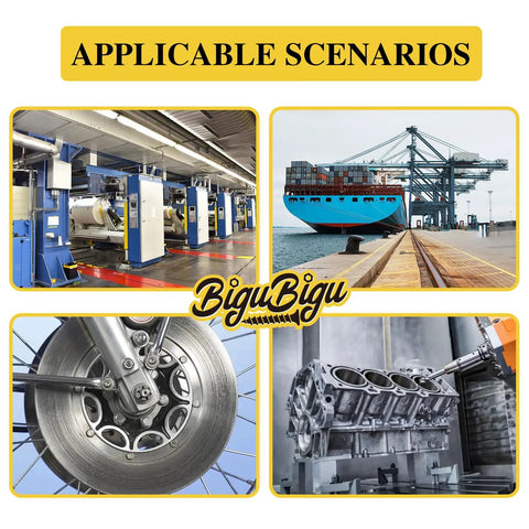 Collage showing industrial applications, maritime shipping, machinery, and automotive parts.