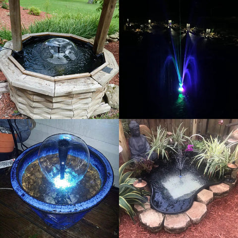 15W Submersible Fountain Pump With 12 RGB LED Lights For A Lit Glow in various outdoor water features and ponds
