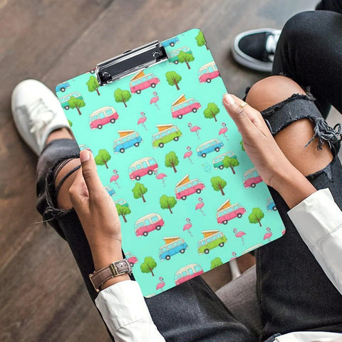 Happy Camping Themed Acrylic Clipboard For Office And Outdoors, Thick Durable Writing Surface, Fits A4 And US Letter Papers, clear clipboard with camping print