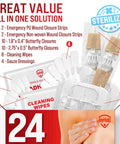 Butterfly Bandages Wound Closure Strips Kit 24 Pack with assorted sizes, cleaning wipes, and gauze in packaging.