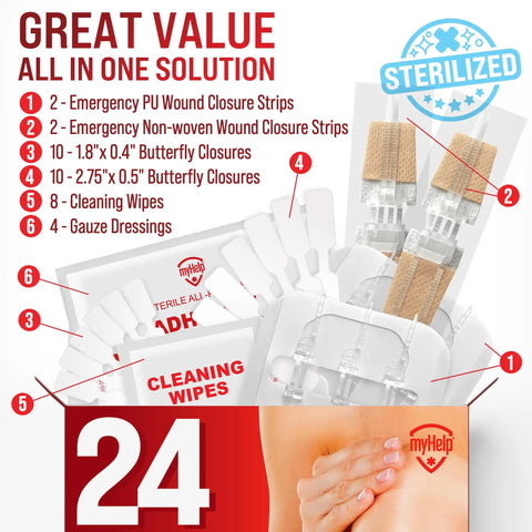 Butterfly Bandages Wound Closure Strips Kit 24 Pack with assorted sizes, cleaning wipes, and gauze in packaging.