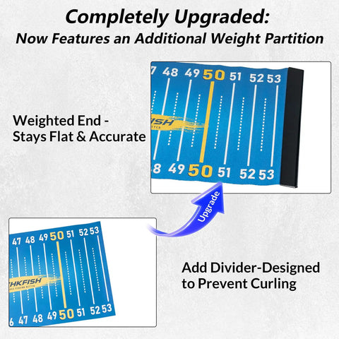 53 Inch Waterproof Folding Fishing Ruler with Bump Board highlighting weighted end and upgrade feature for flat accuracy
