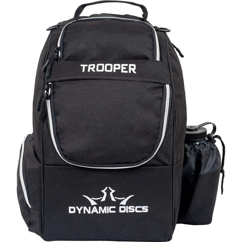 Front view of Trooper Disc Golf Backpack Holds 18 Plus Discs, Lightweight Yet Tough Bag For Beginners in black with zippered pockets.