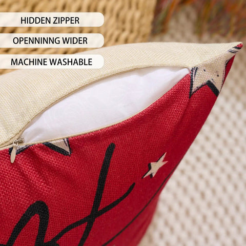 Close-up of a red pillow cover with hidden zipper from All American Patriotic Throw Pillow Covers Set Of 4 18 By 18 Inches Red White And Blue Decor.