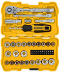 Heavy Duty Mechanics Tool Set Featuring Low Profile Ratchet And Directtorque Sockets Built Tough For Tight Squeezes Professional Grade Chrome Finish Impact Ready 3 8 Inch Drive 50 Piece Crew Favorite Garage Staple in yellow case.