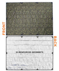 Front and back view of Rugged Survival Tarp With Insulated Reflective Mylar Layer For All Weather Camping, Woodland Camo.