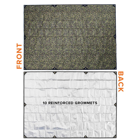 Front and back view of Rugged Survival Tarp With Insulated Reflective Mylar Layer For All Weather Camping, Woodland Camo.