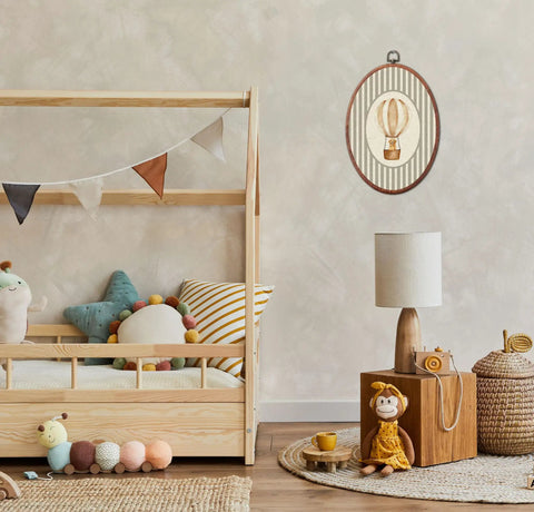 Vintage Cute Golden Retriever Nursery Oval Wall Art With Gray Striped Hot Air Balloon Framed Canvas Prints Retro Kids Room Decor