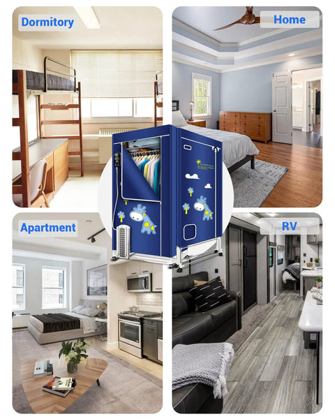 Go-To Ultimate Portable Clothes Dryer Rack 67 Inch Three Tier Foldable Dryer shown in dormitory, home, apartment, and RV settings.