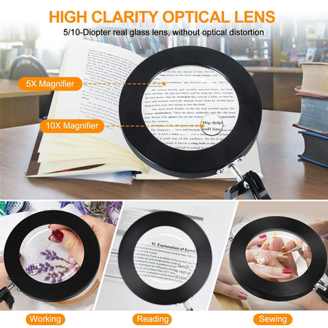 2 In 1 Magnifying Lamp With Light And Clamp, 5X And 10X Magnifier, showing use in reading and crafts with adjustable swing arm