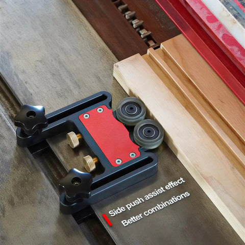 Premium Bearing Roller Featherboards For Table Saw Woodworking Accessories positioned on a workbench with side push assist feature.