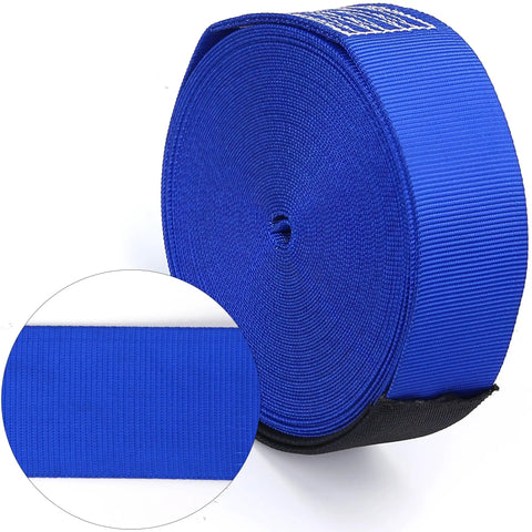Close-up of 65 Foot Slackline Kit With Premium Ratchet And Complete Set For Kids And Adults, blue polyester line detail