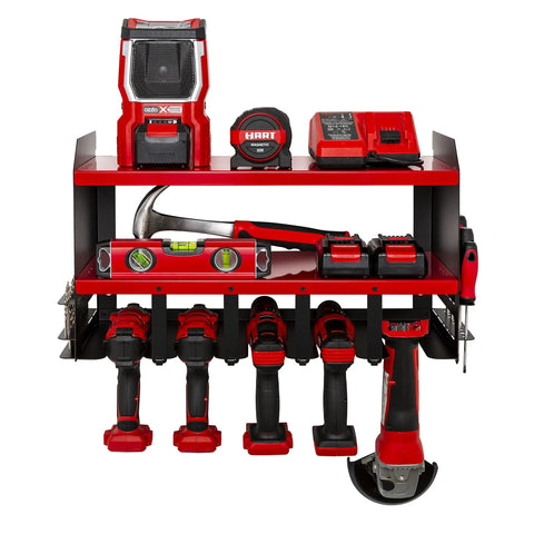 Heavy Duty Power Tool Organizer Wall Mount With Metal Drill Holder And Cordless Tool Chest Rack For A Pro Garage Setup Premium Shelving Pegboard Shed Storage Red showcasing drills and tools