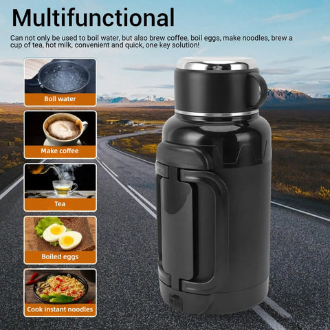 Road Ready Car Electric Kettle Forged From 304 Stainless Steel Features Anti Dry Burn Tech Heats Up Quick For Truckers Brewing Strong Coffee Without The Drama On Highway Runs, multifunctional kettle for brewing coffee and boiling water.