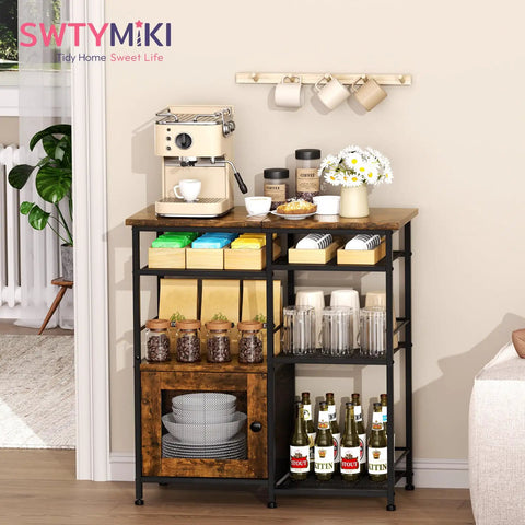 Farmhouse Style Coffee Bar Cabinet Station with doors, rustic kitchen storage organizer, small coffee stand with mugs and bottles