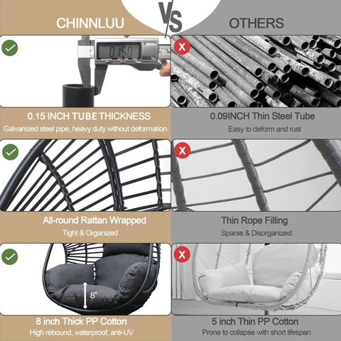 Comparison of oversized hanging egg chair with stand, showcasing thicker galvanized steel frame and 8 inch thick PP cushions.
