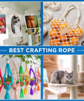 Collage featuring uses of Cotton Rope 3/16 Inch 50 Ft All Purpose Braided Rope Sky Blue Quick-Drying Natural Cotton With Synthetic Core.