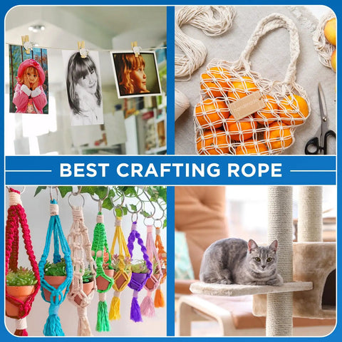 Collage featuring uses of Cotton Rope 3/16 Inch 50 Ft All Purpose Braided Rope Sky Blue Quick-Drying Natural Cotton With Synthetic Core.