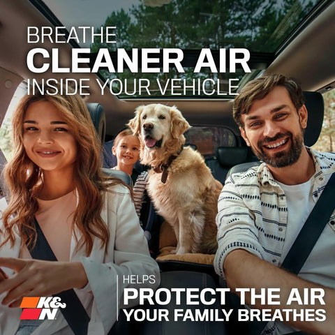Family with dog in car promoting Lifetime Cabin Air Filter With Premium Washable Design For Clean Fresh Air For Your Ride