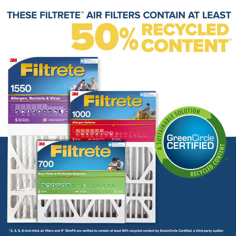 Filtrete air filters with 50% recycled content, featuring allergen, bacteria, virus defense and dust reduction options.