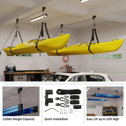 Overhead Pulley Hoist System Pair For Kayaks And Gear 125Lb Capacity Each space-saving ceiling hoists holding two yellow kayaks in a garage