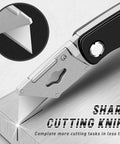 Folding utility knife with silver metal body and extended blade, side view.