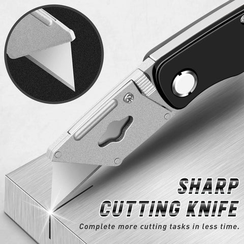 Folding utility knife with silver metal body and extended blade, side view.