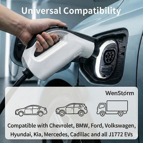 Plug And Play Level 2 Portable EV Charger For Home Garage No Fuss 32A 240V With NEMA 14-50 Plug And 25Ft J1772 Cable Delivers 7.6kW Fast Charge For Mustang Mach E Bolt ID4 Non Tesla EVs shown charging an electric vehicle