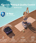 Sora 70 Pool Vacuum Robot Delivers 360 Degree Full Pool Cleaning From Surface To Walls, next to woman doing yoga by poolside.