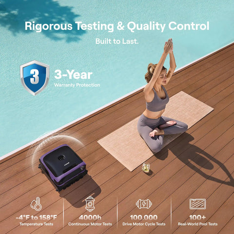 Sora 70 Pool Vacuum Robot Delivers 360 Degree Full Pool Cleaning From Surface To Walls, next to woman doing yoga by poolside.