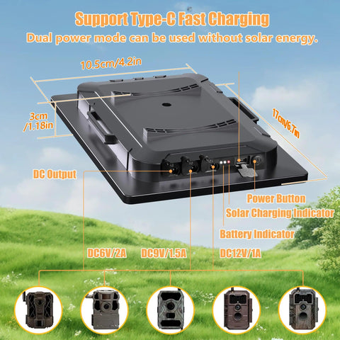 Rugged Trail Camera Solar Panel And 6W Solar Charger Kit showing dimensions and interfaces for 6V 9V 12V output.