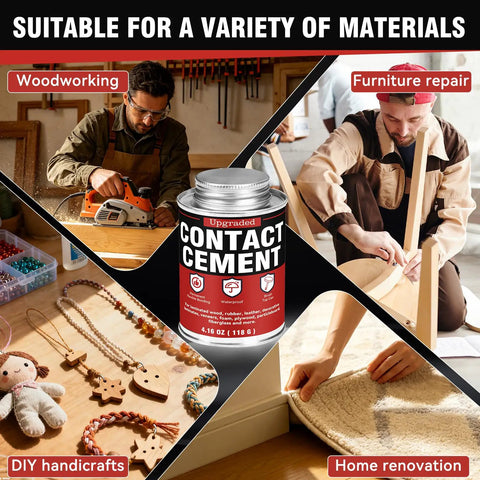 Top Grade Contact Cement Adhesive 4.16 Oz With Brush For Leather Wood Rubbers And Couch Fixes used in woodworking and furniture repair.