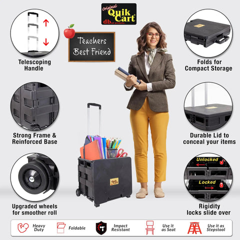 Quik Cart Collapsible Rolling Crate On Wheels For Teachers And Pros, 80 Pounds Capacity, shown with telescoping handle and teacher