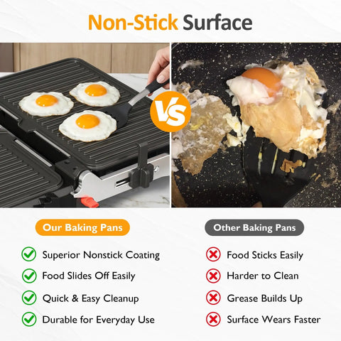 Kick Up Your Dinner Game With This Badass 3-In-1 Electric Grill Indoor showing non-stick surface with eggs and comparison to other baking pans.