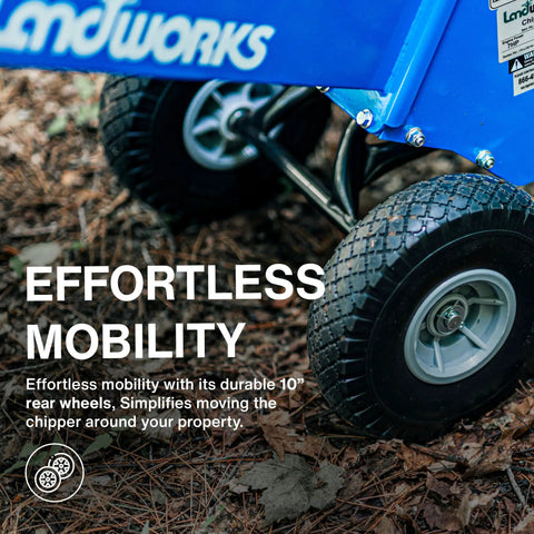 Close-up of durable 10-inch wheels on Beast 7HP Gas Powered Wood Chipper Shredder Mulcher for yards
