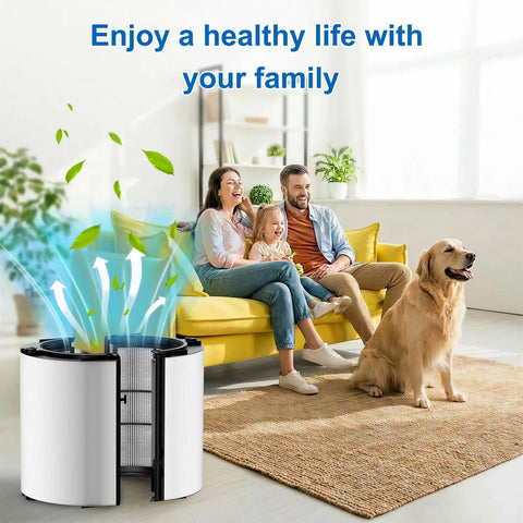 Family enjoying fresh air with dog in room alongside 360 Combi Glass HEPA and Carbon Filter Replacement for TP10 HP10 HP09 TP09.