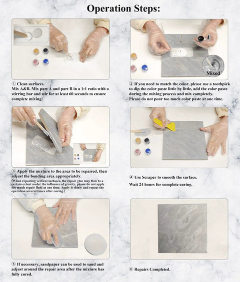 Instruction sheet for Color Match Porcelain Repair Kit For Tub And Tile, DIY Friendly Fiberglass Shower Repair Set.