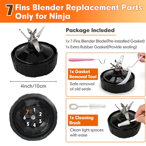 7 Fins Extractor Blade Replacement Kit With Gasket Hook And Cleaning Brush For 4 Inch Cup Blenders, Easy Install, product contents