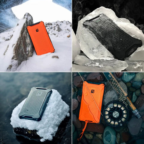 Dark Energy Poseidon Pro Indestructible Portable Charger 10,000 mAh Black With USB A And USB C Connectors in rugged outdoor settings