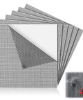 Extra Wide 12x12 Window Screen Patch Kit 6-Piece Black Fiberglass Mesh Tape With Strong Adhesive For Repairing Window And Door Holes Tent Nets Easy DIY Patch shown stacked with adhesive backing.