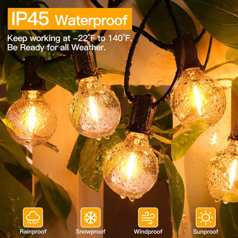 Weatherproof 50Ft Outdoor String Lights With 25 Edison Bulbs And 2 Spare LEDs, IP45 Waterproof And Shatterproof, glowing in rain