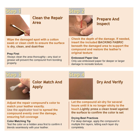 Leather And Vinyl Repair Kit 21 Piece With Fast Application And Mixable Colors instruction steps for repair process