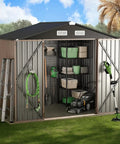 8x6 Ft Full Size Outdoor Metal Storage Shed With Floor For Backyard Tools Bikes And Gear All Weather Shelter With Reinforced Sidewall Girts And Updated Frame Structure Durable Steel Construction Built To Last, showing open doors with garden tools and storage visible inside