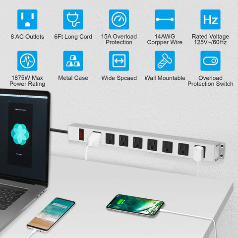 Beefy Metal 8 Outlet Power Strip Surge Protector With 6 Ft Cord Long Lasting White Metal Shell Anti Rust Durable Strip With Wide Spaced Sockets For Home Office Garage Overload Protection Fire Resistant Build on wall with laptop and phones