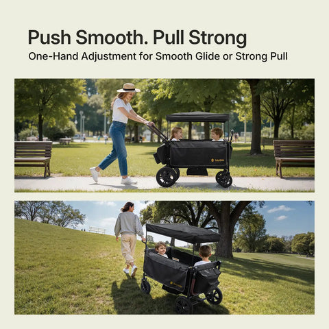 Kids Stroller Wagon With One Hand Adjustable Push Pull Handle, Alloy Steel Frame, Rubber Wheels, two kids in park