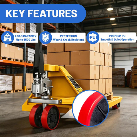 Heavy Duty Pallet Jack Wheels Replacement Kit With Pair Of Seven Inch Steering And Three Inch Load Rollers Red Polyurethane Finish Includes All Necessary Axles And Installation Tools To Knock Out Worn Parts And Get Your Rig Rolling Smooth Again