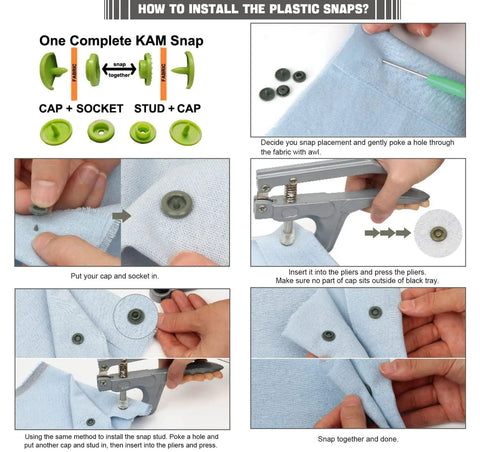 Installation guide for Best Value 408 Piece Plastic Snap Button Kit With Rainbow Color Organizer Case No Sew T5 Snaps 12mm.